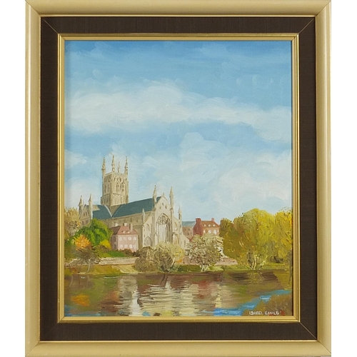 2117 - Cornish landscape, village scene and Worcester Cathedral, two watercolours and one oil on board, one... 