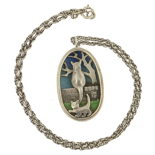 117 - Anthony Hawksley, silver and enamel three dimensional cat pendant on silver necklace, 4.5cm high and... 