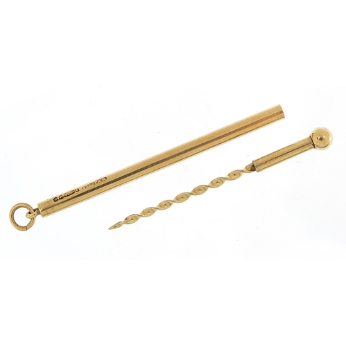 964 - 9ct gold cased toothpick, 5.5cm in length, 2.2g