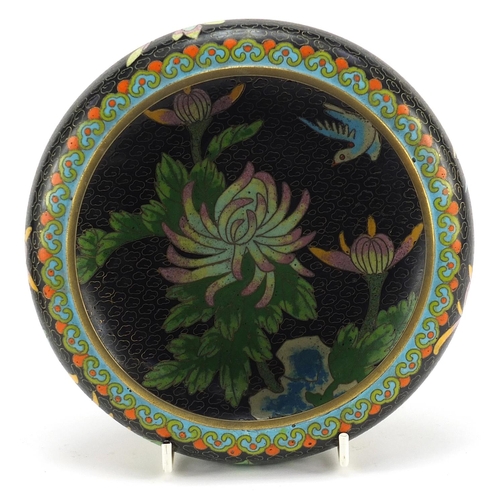 980 - Chinese cloisonne bowl and hardwood stand enamelled with birds amongst flowers, 20.5cm in diameter