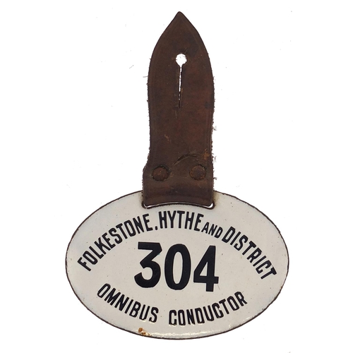 916 - Folkstone, Hythe & District Omnibus Conductor enamel badge numbered 304, 8cm wide