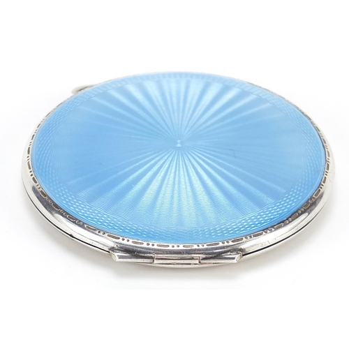 87 - Turner & Simpson Ltd, George VI silver and blue guilloche enamel compact, Birmingham 1951, 7cm in di... 