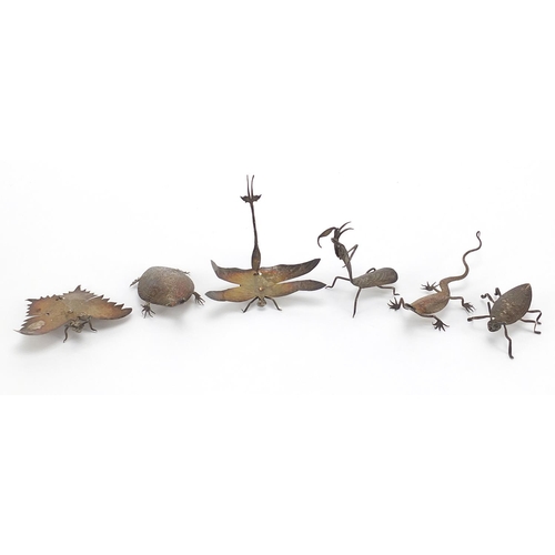 86 - Six silver coloured metal insect and animal sculptures, the largest 8cm in length, total 33.0g