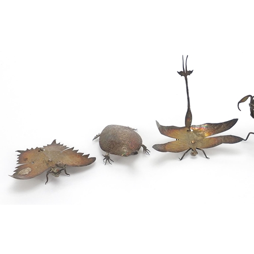 86 - Six silver coloured metal insect and animal sculptures, the largest 8cm in length, total 33.0g