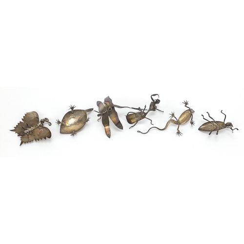 86 - Six silver coloured metal insect and animal sculptures, the largest 8cm in length, total 33.0g