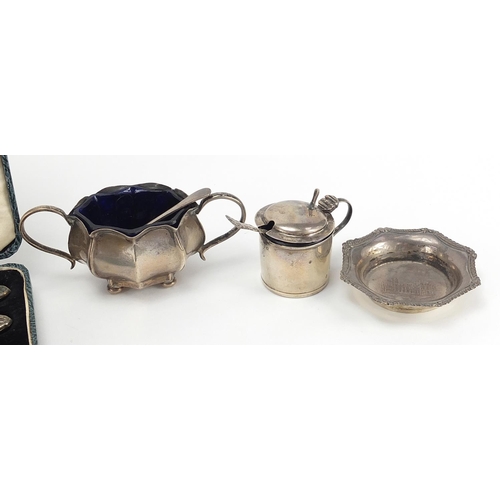 97 - Silver items including cruets, ring tree and set of six silver handled butter knives with steel blad... 