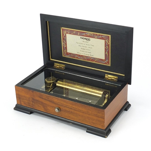 1018 - Thorens Swiss music box housed in an inlaid wooden case, 8cm H x 22.5cm W x 13cm D