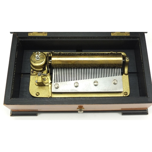 1018 - Thorens Swiss music box housed in an inlaid wooden case, 8cm H x 22.5cm W x 13cm D