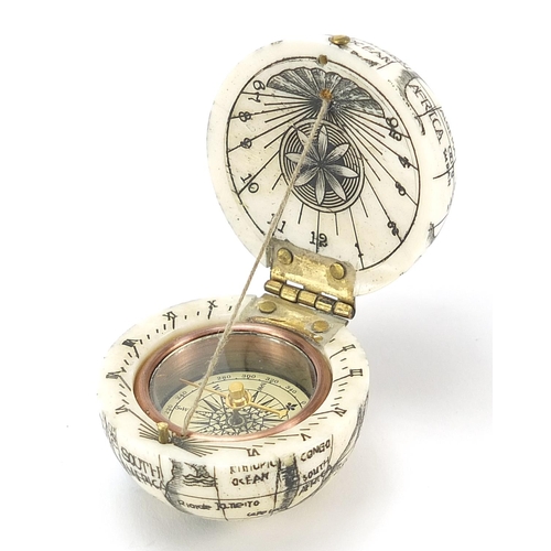 878 - Sailor's style bone pocket globe compass, 4cm in diameter