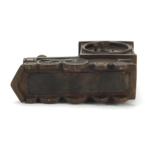 873 - Patinated bronze mantle clock in the form of a locomotive, 16cm in length