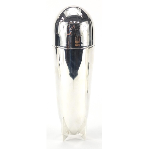 908 - Silver plated cocktail shaker in the form of an aeroplane bomb, 24cm high