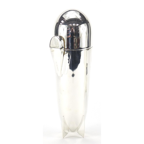 908 - Silver plated cocktail shaker in the form of an aeroplane bomb, 24cm high