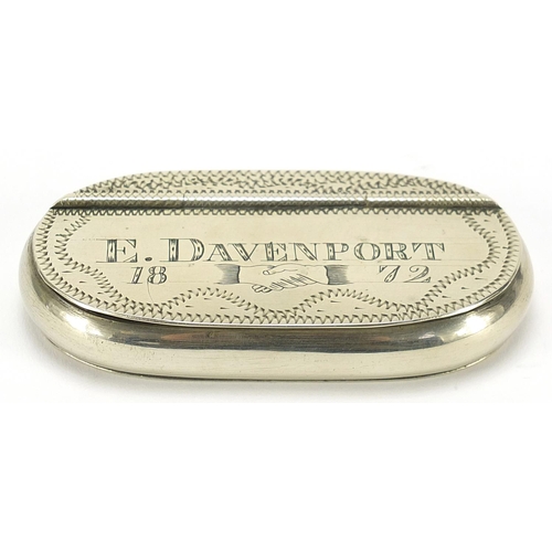 880 - Victorian white metal snuff box engraved E Davenport 1872, 8cm wide