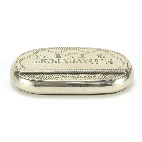 880 - Victorian white metal snuff box engraved E Davenport 1872, 8cm wide