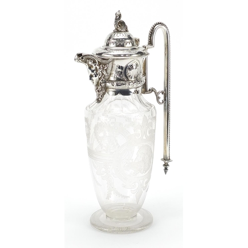 907 - Edwardian cut glass claret jug with silver plated mounts, 31cm high