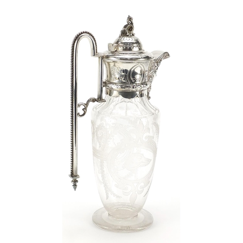 907 - Edwardian cut glass claret jug with silver plated mounts, 31cm high