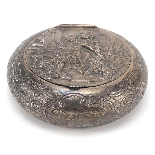 78 - Dutch silver bun shaped box, the hinged lid embossed with figures and a dog, London import marks for... 