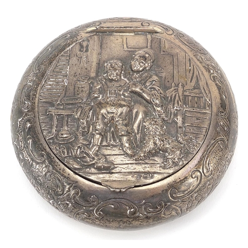 78 - Dutch silver bun shaped box, the hinged lid embossed with figures and a dog, London import marks for... 