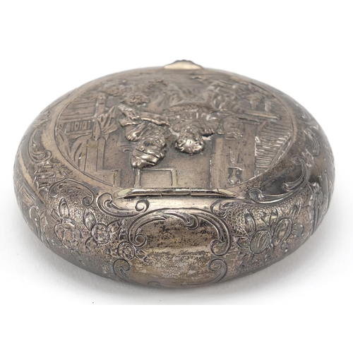 78 - Dutch silver bun shaped box, the hinged lid embossed with figures and a dog, London import marks for... 