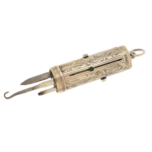 85 - Sterling silver propelling multi tool including button hook and pencil, 7.5cm in length extended, 18... 