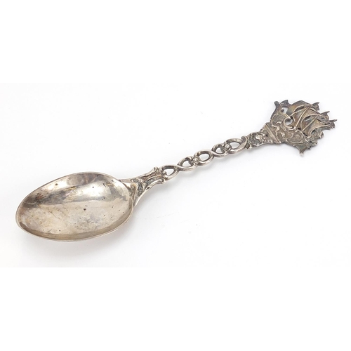 79 - Silver table spoon with rigged sailing ship terminal, London import marks for Martin Sugar 1892, 20c... 