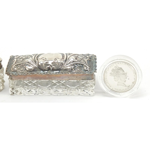 88 - Silver items comprising miniature scent bottle pendant, 1996 two pound coin and two cut glass pots w... 