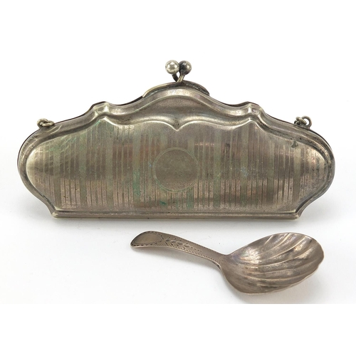 92 - Georgian silver caddy spoon 7.0g and silver plated concertina purse, the largest 13.5cm wide,