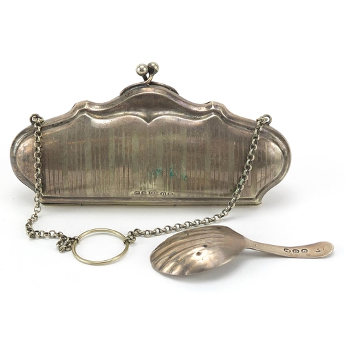 92 - Georgian silver caddy spoon 7.0g and silver plated concertina purse, the largest 13.5cm wide,