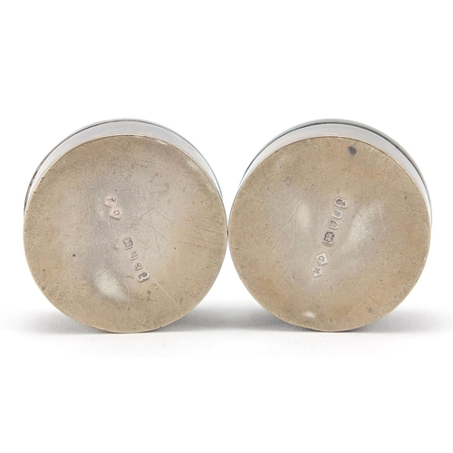 18 - Two circular silver and enamel trinket boxes, K D maker's mark London 1977, 3.3cm in diameter, 44.4g