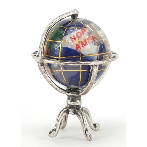 50 - Miniature silver and semi precious stone table globe, 3.5cm high, 11.5g
