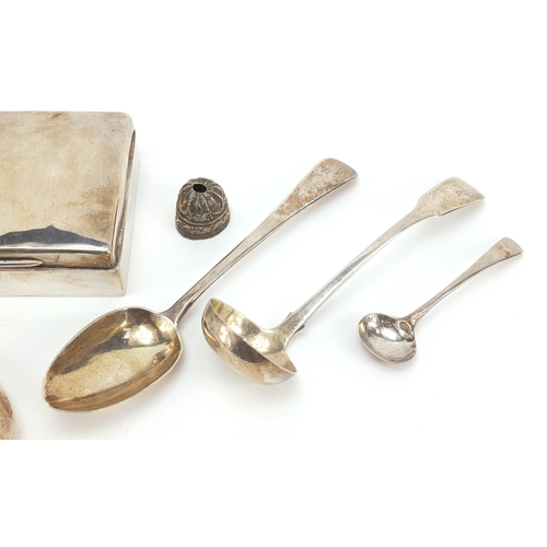 91 - Georgian and later silver objects including cigarette box and fish knife and spoons, the largest 19.... 