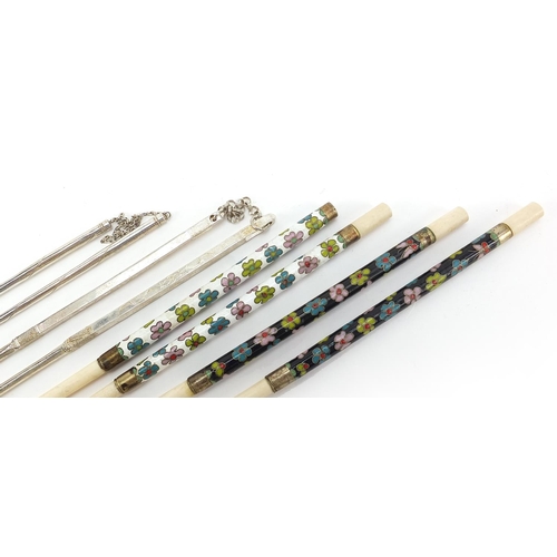 71 - Two pairs of Chinese silver chopsticks and two pairs of cloisonne and bone chopsticks, the largest 2... 