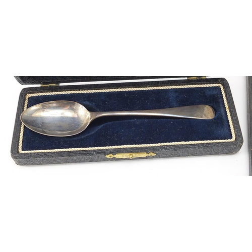 65 - Set of six silver apostle teaspoons and two other silver spoons, each with fitted cases, the largest... 