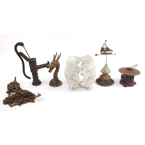 2079 - Garden items and a Weston blok and tackle including a cast iron dragon head, water pump and wrought ... 