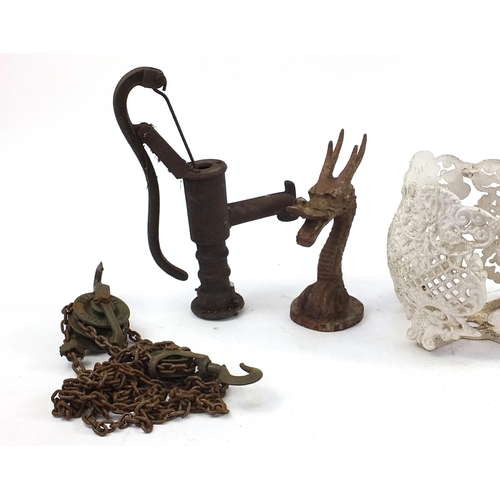 2079 - Garden items and a Weston blok and tackle including a cast iron dragon head, water pump and wrought ... 