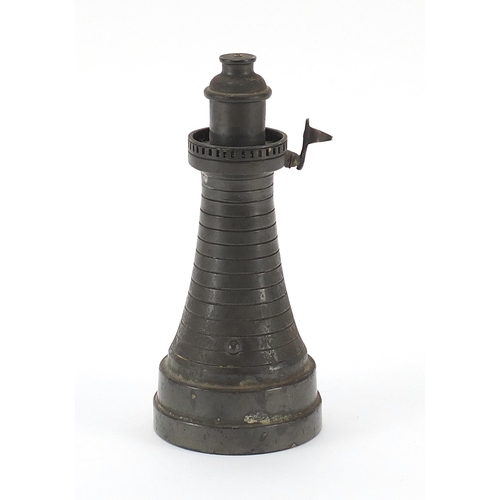 1011 - Vintage pewter table lighter in the form of a lighthouse, 14.5cm high