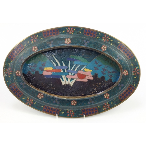 979 - Chinese cloisonne oval platter enamelled with fish amongst water, 38cm wide