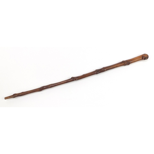 949 - Root wood walking stick with carved figural pommel, 88cm in length