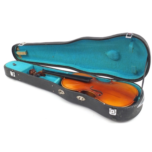 2119 - Hardwood violin with case, the violin back 14 inches in length