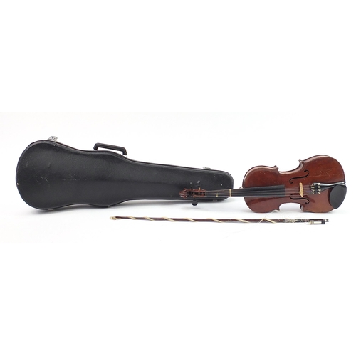 2118 - Hardwood violin with bow and case bearing a Maidstone paper label, the violin back 14 inches in leng... 