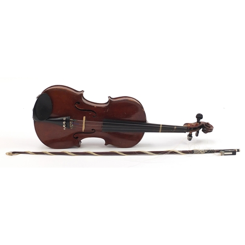 2118 - Hardwood violin with bow and case bearing a Maidstone paper label, the violin back 14 inches in leng... 