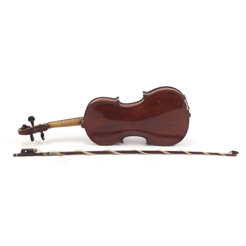 2118 - Hardwood violin with bow and case bearing a Maidstone paper label, the violin back 14 inches in leng... 