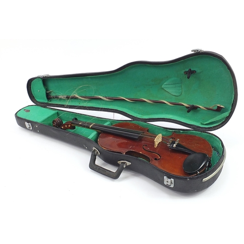 2118 - Hardwood violin with bow and case bearing a Maidstone paper label, the violin back 14 inches in leng... 