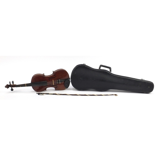 2118 - Hardwood violin with bow and case bearing a Maidstone paper label, the violin back 14 inches in leng... 