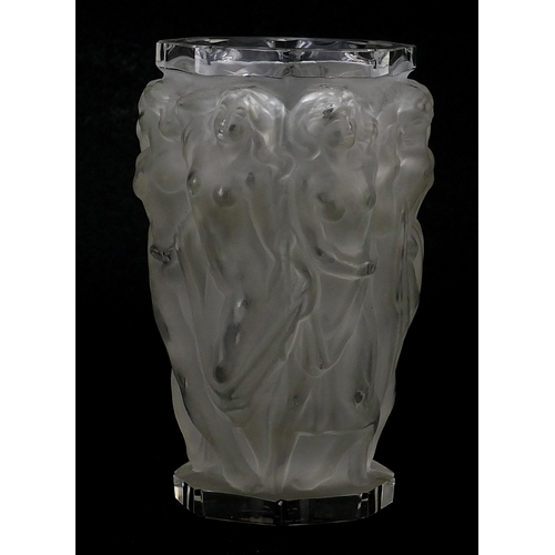 992 - Art Deco frosted and clear glass Bacchantes vase in the style of Lalique, moulded with a continuous ... 