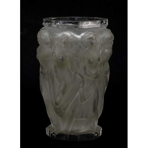 992 - Art Deco frosted and clear glass Bacchantes vase in the style of Lalique, moulded with a continuous ... 