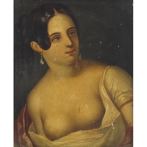 909 - Portrait of a semi nude female, early 19th century oil on metal panel, framed, 12.5cm x 10cm excludi... 