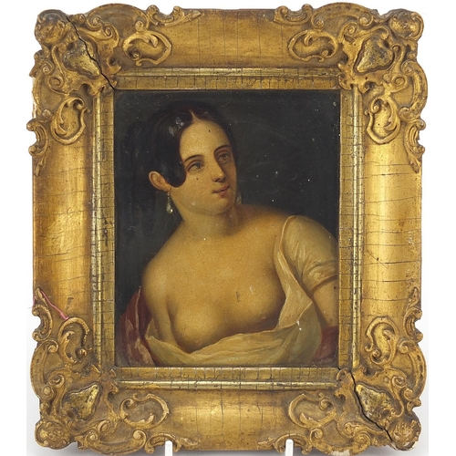 909 - Portrait of a semi nude female, early 19th century oil on metal panel, framed, 12.5cm x 10cm excludi... 