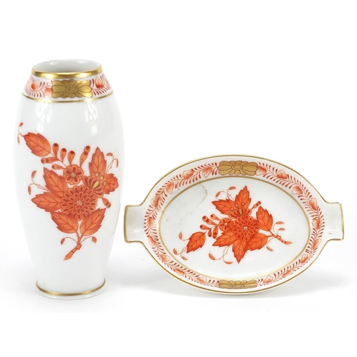 888 - Herend, Hungarian porcelain vase and dish hand painted with flowers, the largest 9cm high