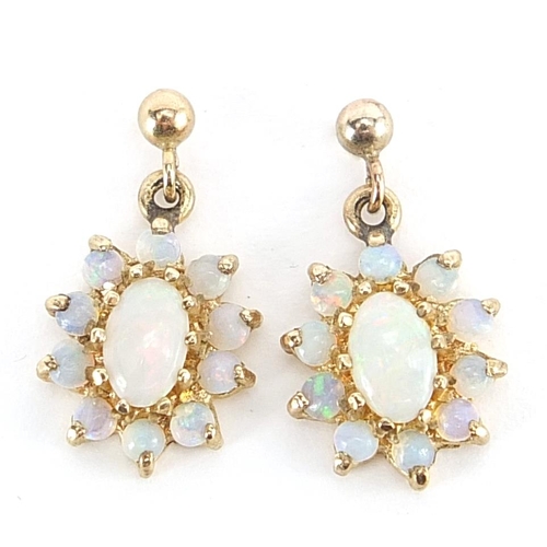 120A - Pair of 9ct gold opal drop earrings, 1.5cm high, 1.4g